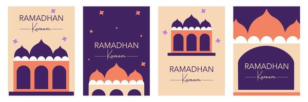 Set of Happy Eid Mubarak and Ramadan Kareem greeting with mosque illustration on beautiful background for card, poster and banner vector
