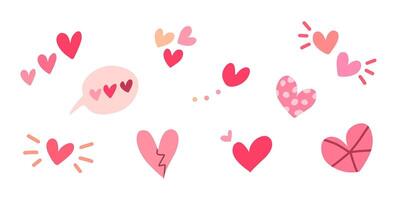Set of flat doodle, heart icon, love sign element in pink color isolated background. vector