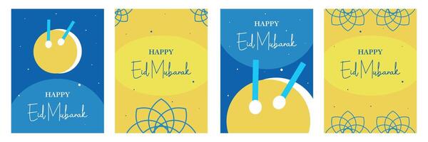 Set of creative Happy Eid Mubarak and Ramadan Kareem greeting with islamic element illustration on blue and yellow background for card, poster and banner vector