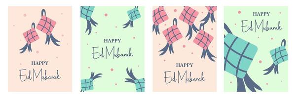 Set of Happy Eid Mubarak and Ramadan Kareem greeting with ketupat and typography illustration on pastel background for card, poster and banner vector