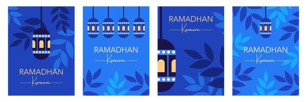 Set of Happy Eid Mubarak and Ramadan Kareem greeting with lantern and leaves illustration on blue background for card, poster and banner vector