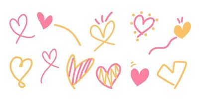 Set of flat doodle, heart icon, love sign element in pink and orange color isolated background. vector