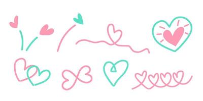 Set of flat doodle, heart icon, love sign element in pink and turquoise color isolated background. vector