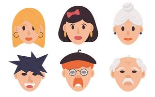 Faces of six different characters with unique hairstyles and expressions on a white background, representing different personalities and ages. Generation concept vector