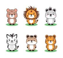 Adorable wild animals including lion, tiger, zebra, and bear in kawaii style on white background. Cute and playful character design vector