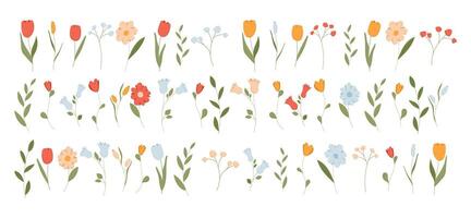 Cute spring flower set. Flat floral and plant icon element. Summer leaf from garden clipart. Simple nature graphic with leaves isolated on background. Modern minimal Easter branch design. vector