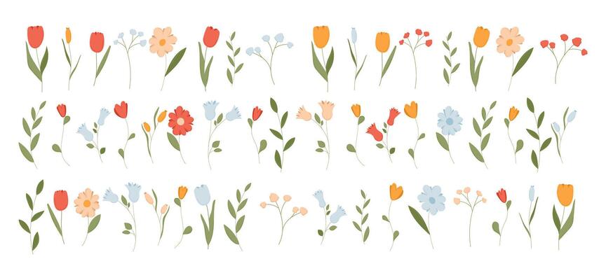 Cute spring flower set. Flat floral and plant icon element. Summer leaf from garden clipart. Simple nature graphic with leaves isolated on background. Modern minimal Easter branch design.