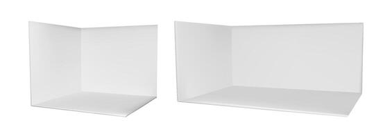 3d booth stand with white wall. Empty cube box interior for trade or fair show. Corner exhibit template with product display space. Small kiosk with panel inside. Store section view isolated area. vector