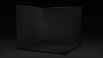 3d black corner room. Empty cube box space with open interior mockup. Blank exhibition studio for stand or podium. Advertising container for product information. Indoor booth with minimal design. vector