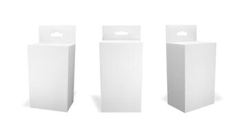 3d white hang tab box mockup for product. Blank carton medicine package mock up. Empty vertical cosmetic paperboard template with hanger front and side view. Dummy packaging set of three for gift. vector
