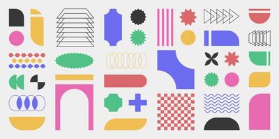 Abstract retro shapes, basic brutal forms and figures in Y2K aesthetics, vintage stickers, logos, labels. Decorative design elements. vector