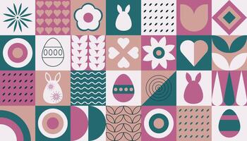 Easter geometric bauhaus background with simple geometric shapes and figures and symbols of the holiday. Religious celebration wallpaper with rabbits, flowers and eggs. illustration. vector