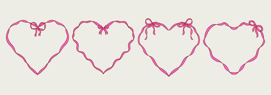 Set of elegant whimsical hand-drawn pink red color heart shape frames with wavy squiggle curly ribbons in trendy, vintage styles. Perfect for quirky holiday, wedding, birthday gift decorations