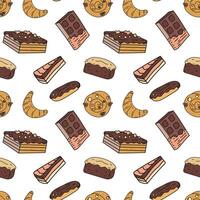 Sweets doodle Seamless pattern with bun, croissant, chocolate cake. patterns endless. Color sample pattern for fabric, packaging, background. vector