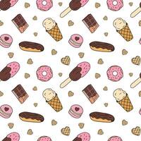 Sweets doodle Seamless pattern with chocolate eclairs, donuts, macarons, ice cream. patterns endless. Color sample pattern for wallpaper, fabric, packaging, background. vector