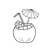 Black line Refreshing tropical drink served in coconut with umbrella and straw for summer enjoyment. outline doodle Isolated illustration. vector