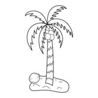 Palm tree with coconuts stands tall on sand island doodle outline. Black and white Isolated illustration. vector