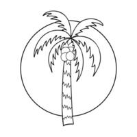 Palm tree stands tall against circular sun background in black line illustration. Doodle Isolated illustration. This cheerful design evokes tropical atmosphere perfect for summer vibes. vector