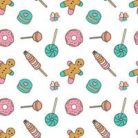 Sweets different candies doodle Seamless pattern with caramel on stick, lollipop, macaroons, doughnut. patterns endless. Color pattern for wallpaper, fabric, packaging, background. vector