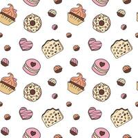 Sweets doodle Seamless pattern with macaroons, doughnut, chocolate, cake. patterns endless. Color sample pattern for fabric, packaging, background. vector