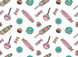 Sweets different candies doodle Seamless pattern with caramel on stick, wrapped candies, lollipop. patterns endless. Color sample pattern for wallpaper, fabric, packaging, background. vector