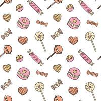 Sweets different candies doodle Seamless pattern with caramel on stick, wrapped candies, lollipop. patterns endless. Color sample pattern for wallpaper, fabric, packaging, background. vector