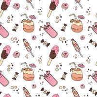 Sweets doodle Seamless pattern with ice cream, cake, tropic cocktail, macaroons, sundae, popsicle. Color sample pattern for wallpaper, fabric, packaging, background vector