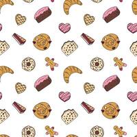 Sweets doodle Seamless pattern with bun, doughnut, croissant, chocolate cake. patterns endless. Color sample pattern for fabric, packaging, background. vector