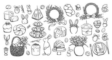Hand drawn set of Easter illustrations. Easter cakes, bunny, eggs, basket, tulips in sketch style. Design for card template, holiday decorations vector