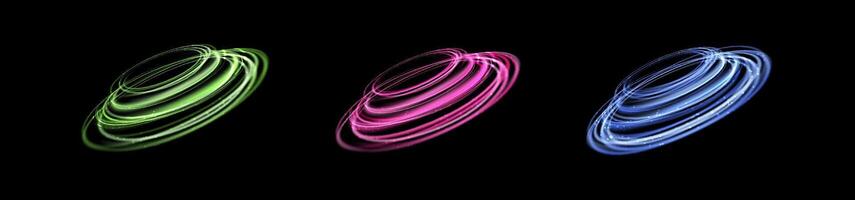 Glowing magic rings set. Neon realistic energy flare rings with sparkling particles. Abstract light effect on a black background. illustration. vector