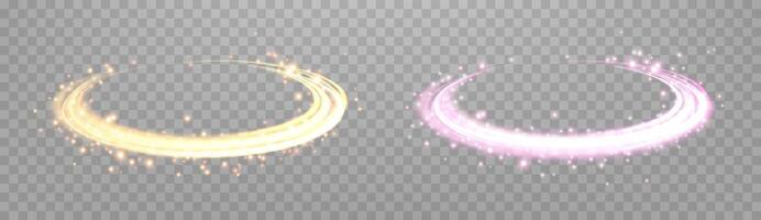 Glowing magic rings. Neon realistic energy flare rings with sparkling particles. Abstract light effect vector