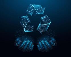 Two human hands are holds recycling sign, glowing blue lowpoly wireframe on a dark background. illustration design concept of Environment day. vector