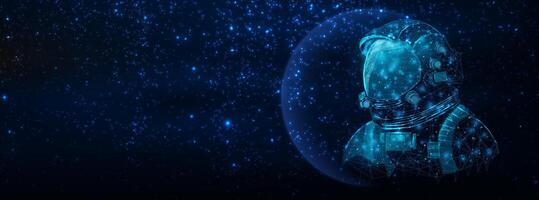 National day of human space flight concept. Futuristic modern abstract planet and astronaut on blue background. illustration. vector