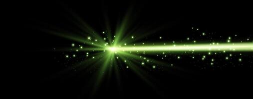Green horizontal laser beam. Neon line, presentation pointer. Green glow flare light effect. illustration. Isolated on black background. vector