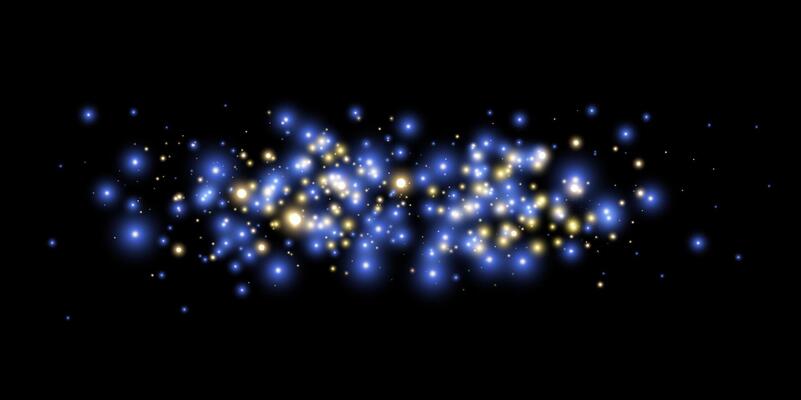 Blue and gold magic sparks and dust stars. Blue glow flare light effect. particles on black background.
