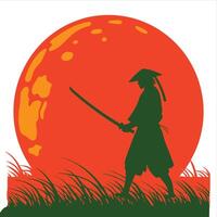 A samurai silhouette stands tall, sword in hand, amidst a vast field of grass. vector