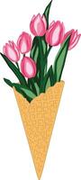 Tulip flowers in an ice cream cone. A romantic bouquet of flowers in an ice cream waffle cone. Invite template on white background for your design. floral illustration. vector
