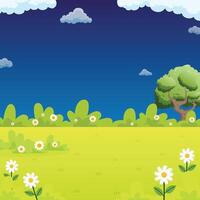 Summer and spring with trees, flowers, and green meadows under a bright sky background illustration design for copy space vector