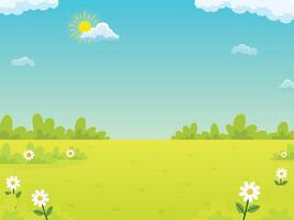 Spring and summer landscapes bloom with flowers and grass meadow under sunny skies background illustration design for copy space vector