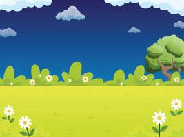 Summer and spring landscapes with trees, flowers, and green meadows under a bright sky background illustration design for copy space vector