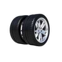 High-performance tires with silver rims stacked for display in an automotive store png