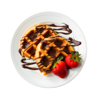 Crispy waffles topped with chocolate drizzle and juicy strawberries. png