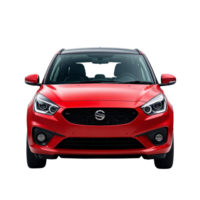 Red compact car displayed in studio showcasing modern design and sleek front features png