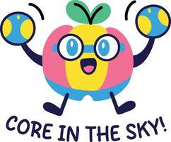 A cartoon style sticker of apple character with core in the sky typography vector