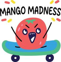 A cartoon style sticker of skating fruit with mango madness typography vector