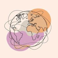 Earth globe one line art. Continuous World map doodle line drawing. Earth map hand drawn symbol. vector