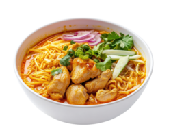 A bowl of noodles with chicken and vegetables png