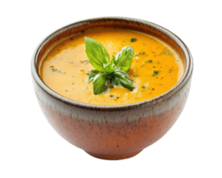 A bowl of soup with a sprig of basil png