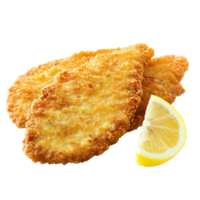 Crispy breaded pork schnitzel served with slice of lemon, perfect for delicious meal. Enjoy golden, crunchy texture and savory flavor png