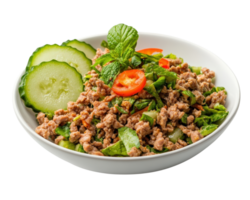 A bowl of meat and vegetables with cucumbers png